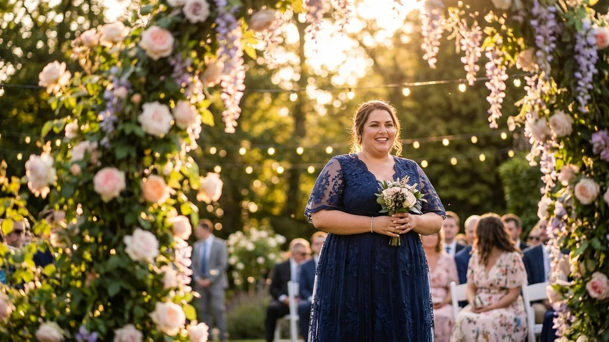 Elegant plus size mother of the bride in a formal setting