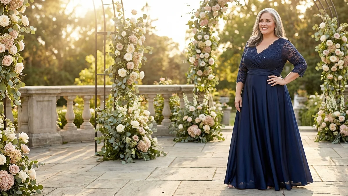 Elegant plus size mother of the bride in a flattering navy gown at a wedding celebration