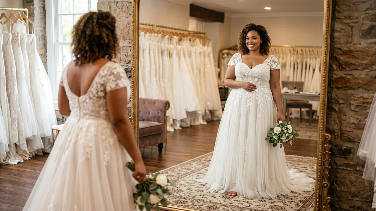 Curvy plus-size bride with warm brown skin trying on a floor-length A-line wedding dress and smiling at her reflection in a boutique mirror