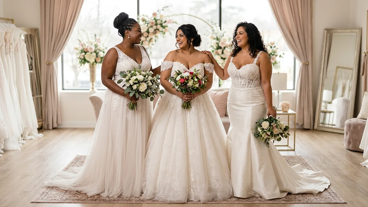 Three curvy plus-size brides with varied skin tones wearing different wedding dress silhouettes, an A-line, a ball gown, and a fit-and-flare, together in a light-filled bridal salon