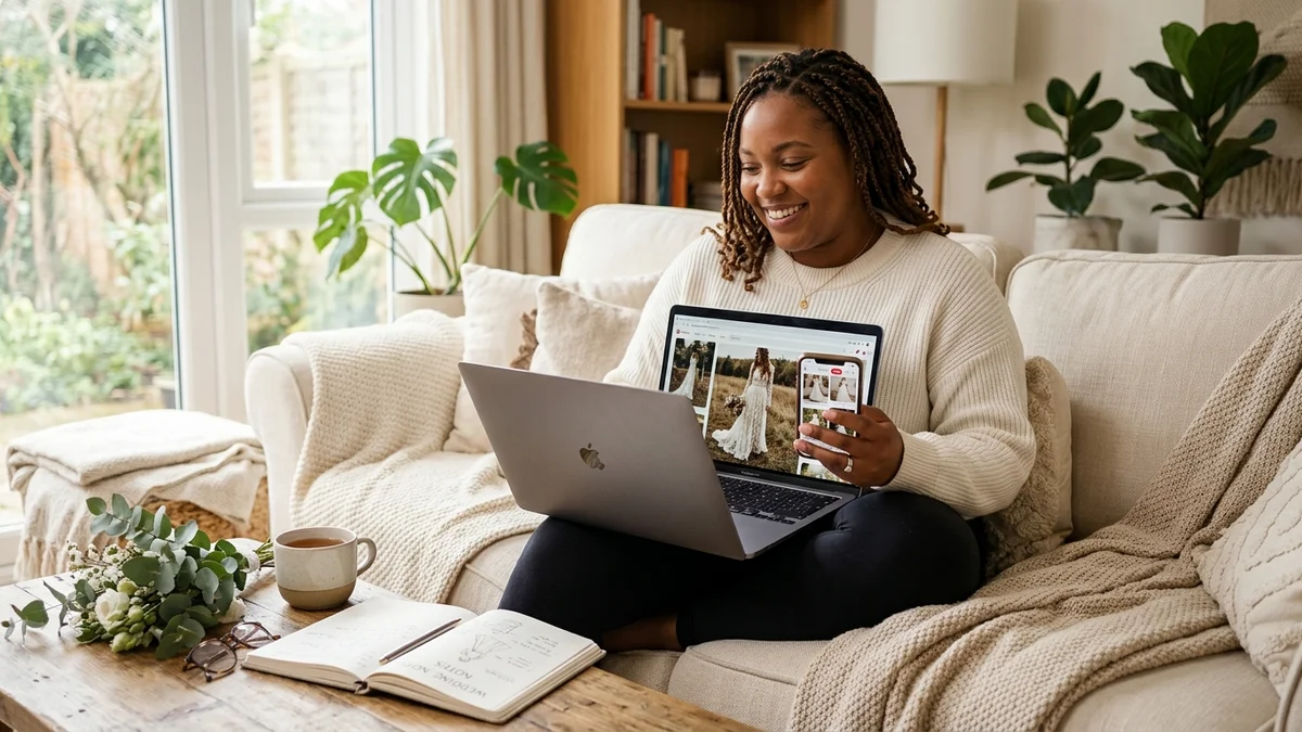 Curvy plus-size bride-to-be with warm brown skin relaxing on a sofa at home, smiling while browsing wedding dresses on a laptop with a notebook and tea beside her