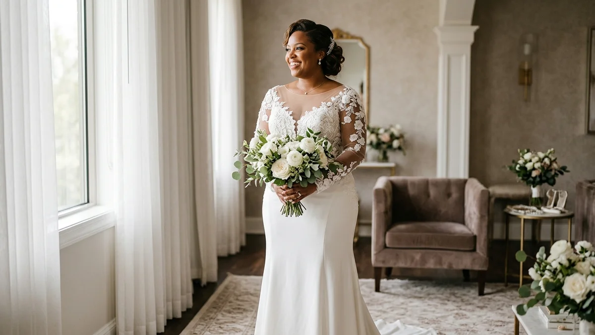 Confident curvy plus-size bride with warm brown skin in a fitted A-line lace wedding gown in a sunlit bridal suite