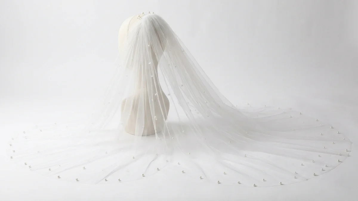 Wedding Bridal Floral Veil with Pearl Embellishments