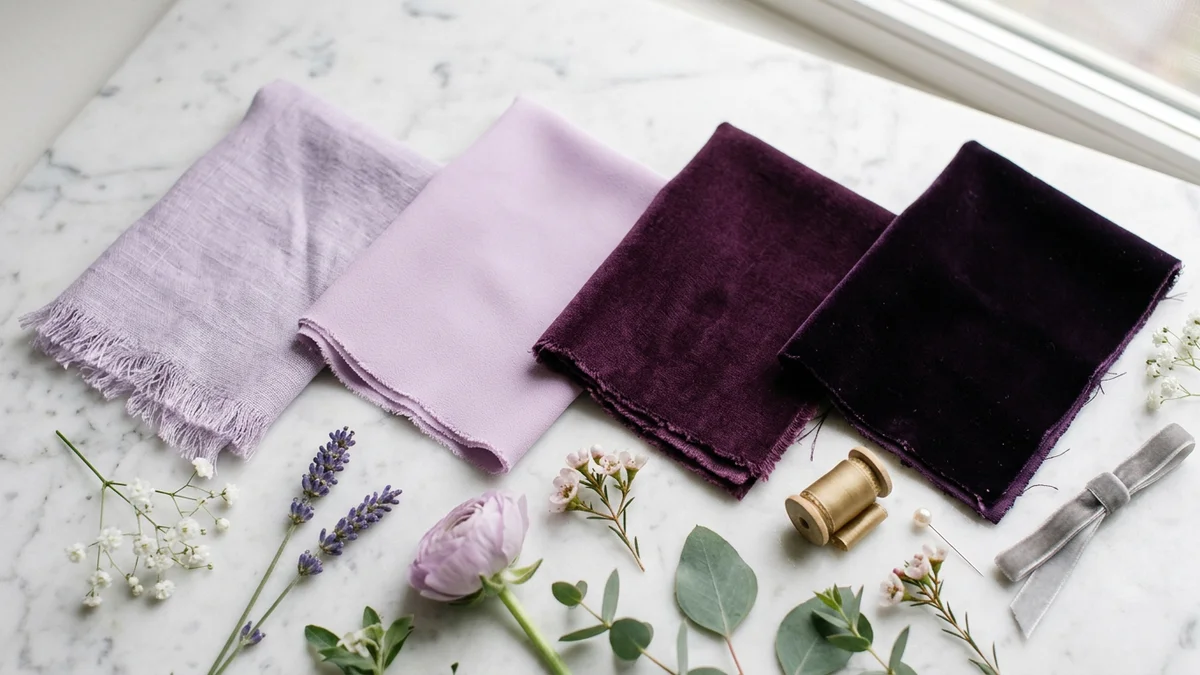 Purple fabric swatches in lavender, lilac, plum, and eggplant shades arranged on marble surface