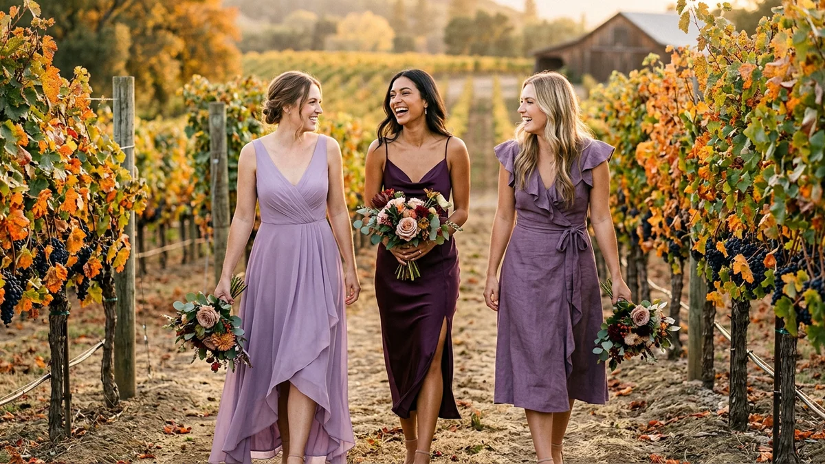 Bridesmaids in mismatched purple dresses walking through an autumn vineyard