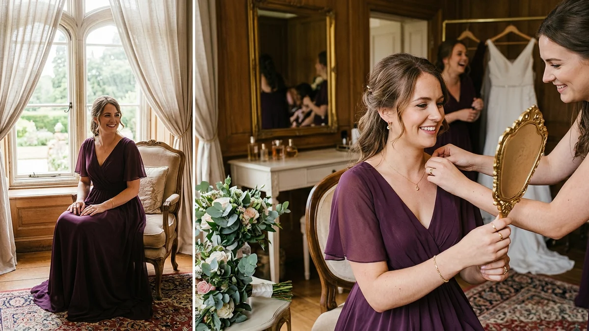 Bridesmaid in plum dress being styled with gold jewelry in a bridal suite