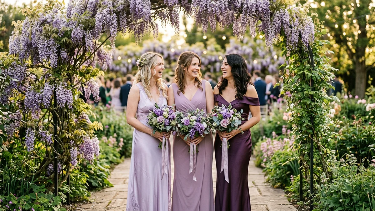 Bridesmaids wearing elegant purple dresses in different shades from lavender to plum in a romantic garden venue