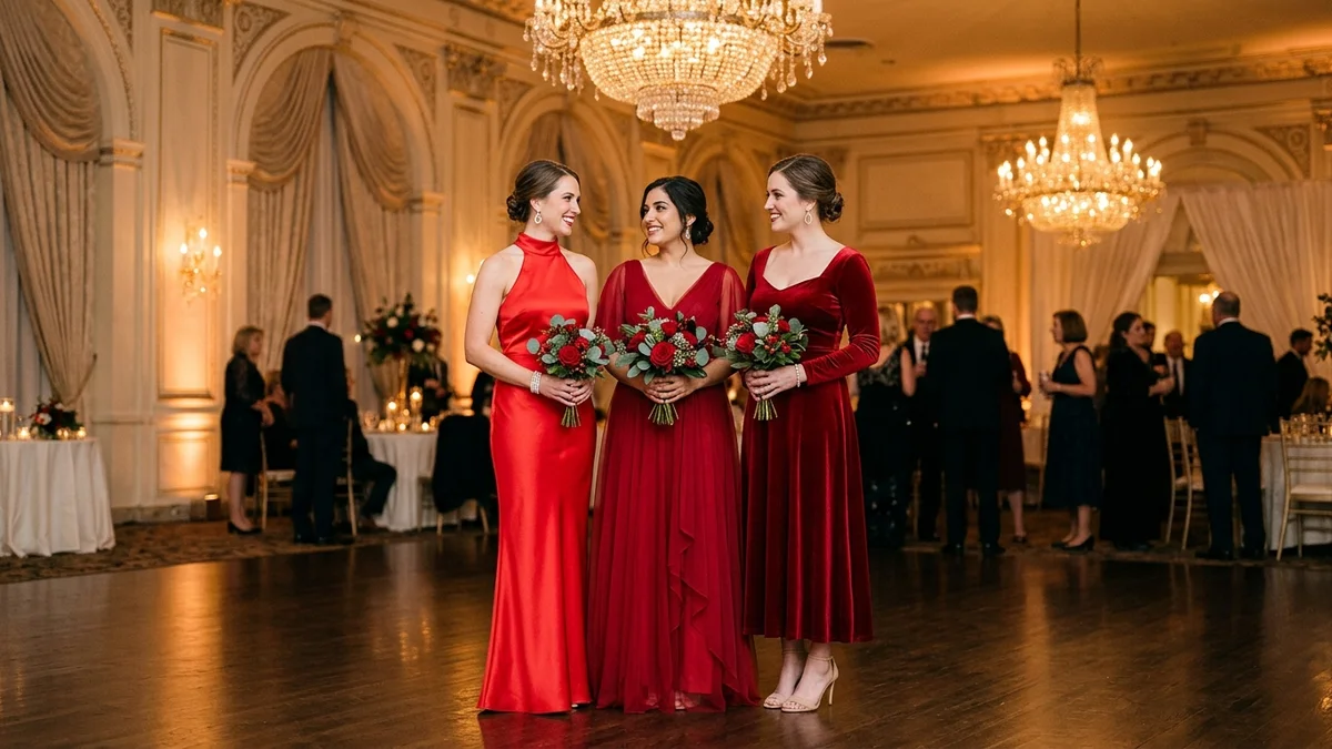 Three bridesmaids wearing different shades of red dresses standing together in an elegant ballroom with warm golden light