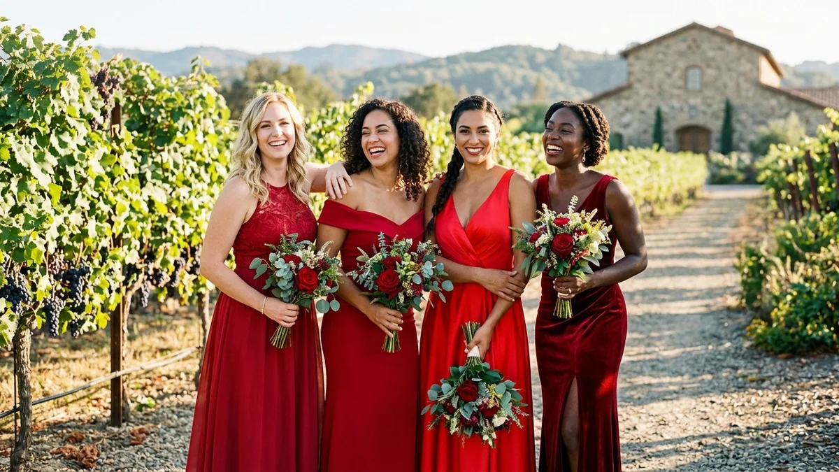 Diverse group of bridesmaids with different skin tones each wearing their most flattering shade of red, smiling in a sunlit vineyard