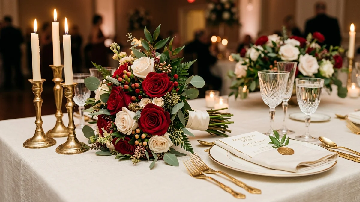 Wedding table setting with red bridesmaid bouquets, gold accents, and ivory linens creating an elegant color palette