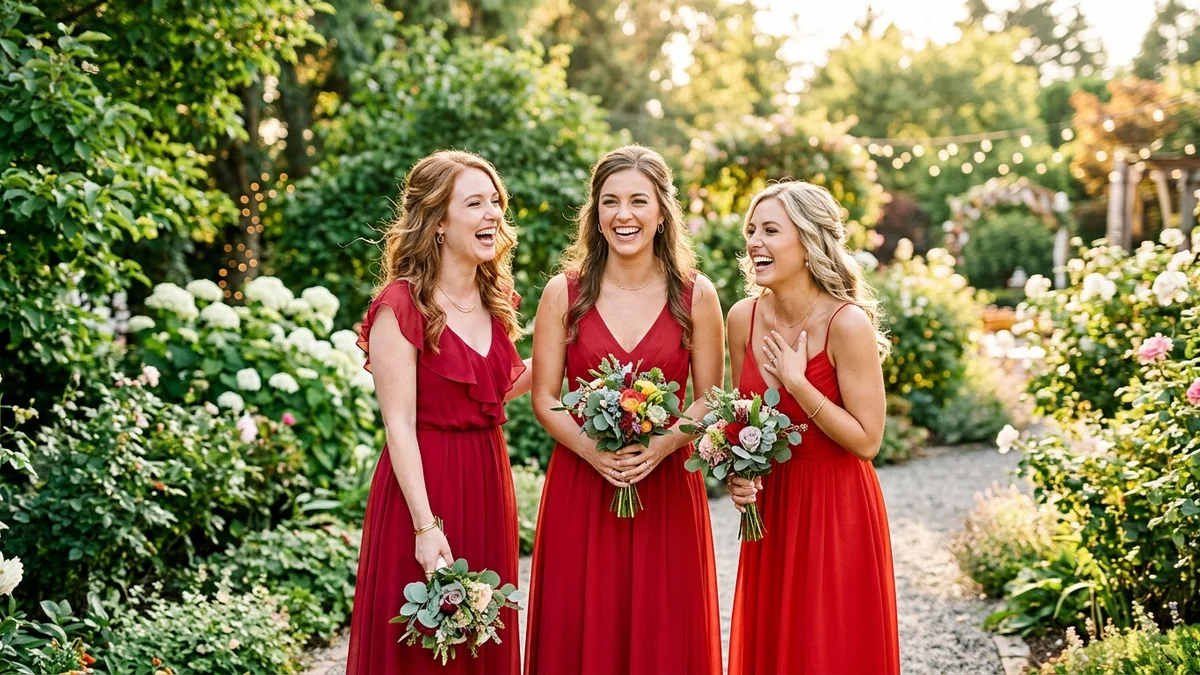 Bridesmaids in stunning red dresses laughing together in a sunlit garden before a romantic wedding ceremony