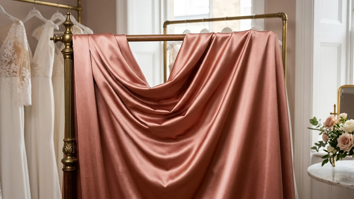 Close-up of rose gold satin fabric draped on a mannequin showing the pink-copper sheen and shimmer