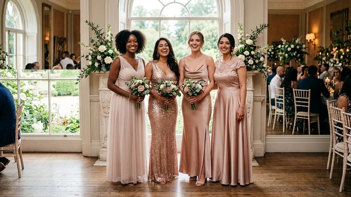 Four diverse bridesmaids in different rose gold dress silhouettes at an elegant venue