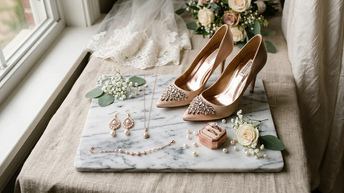 Bridal accessories arranged on marble tray with pearl earrings, champagne heels, and delicate bracelet