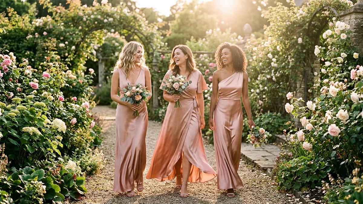Three bridesmaids in flowing rose gold satin gowns walking through a sunlit garden at golden hour