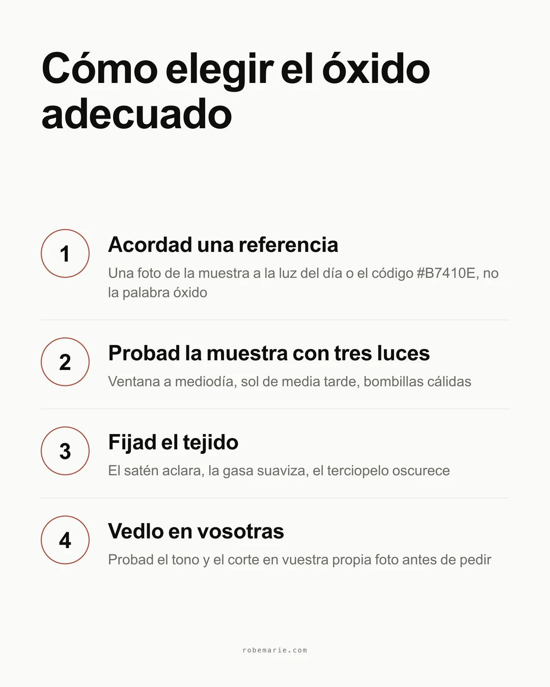 Cómo elegir el vestido color óxido adecuado en cuatro pasos, de la muestra de tela a la prueba virtual