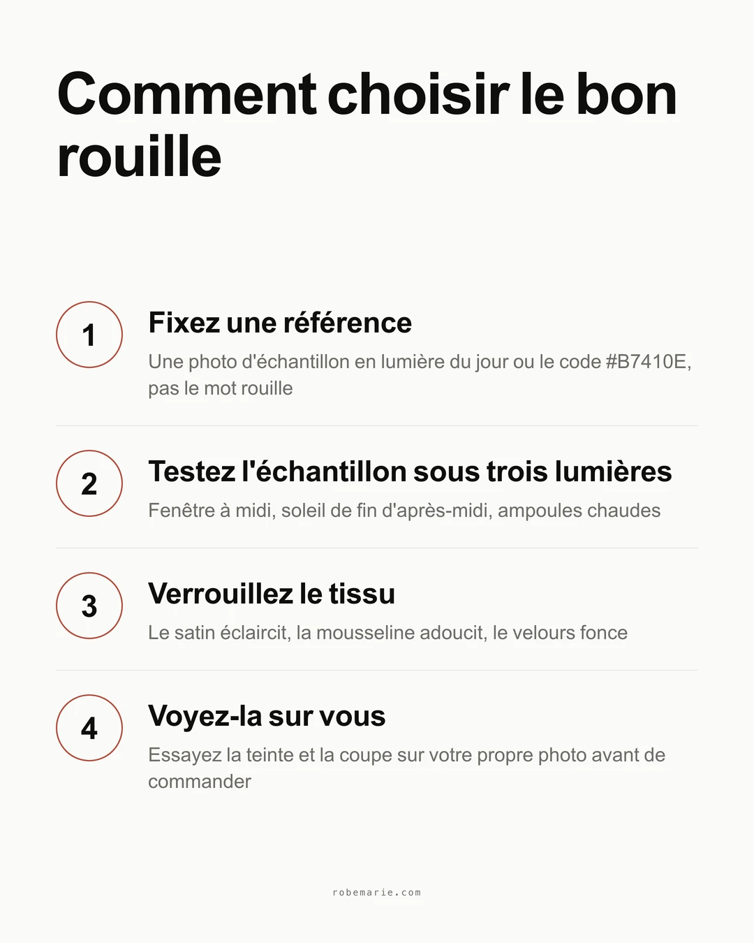 Comment choisir la bonne robe rouille en quatre étapes, de l'échantillon à l'essayage virtuel