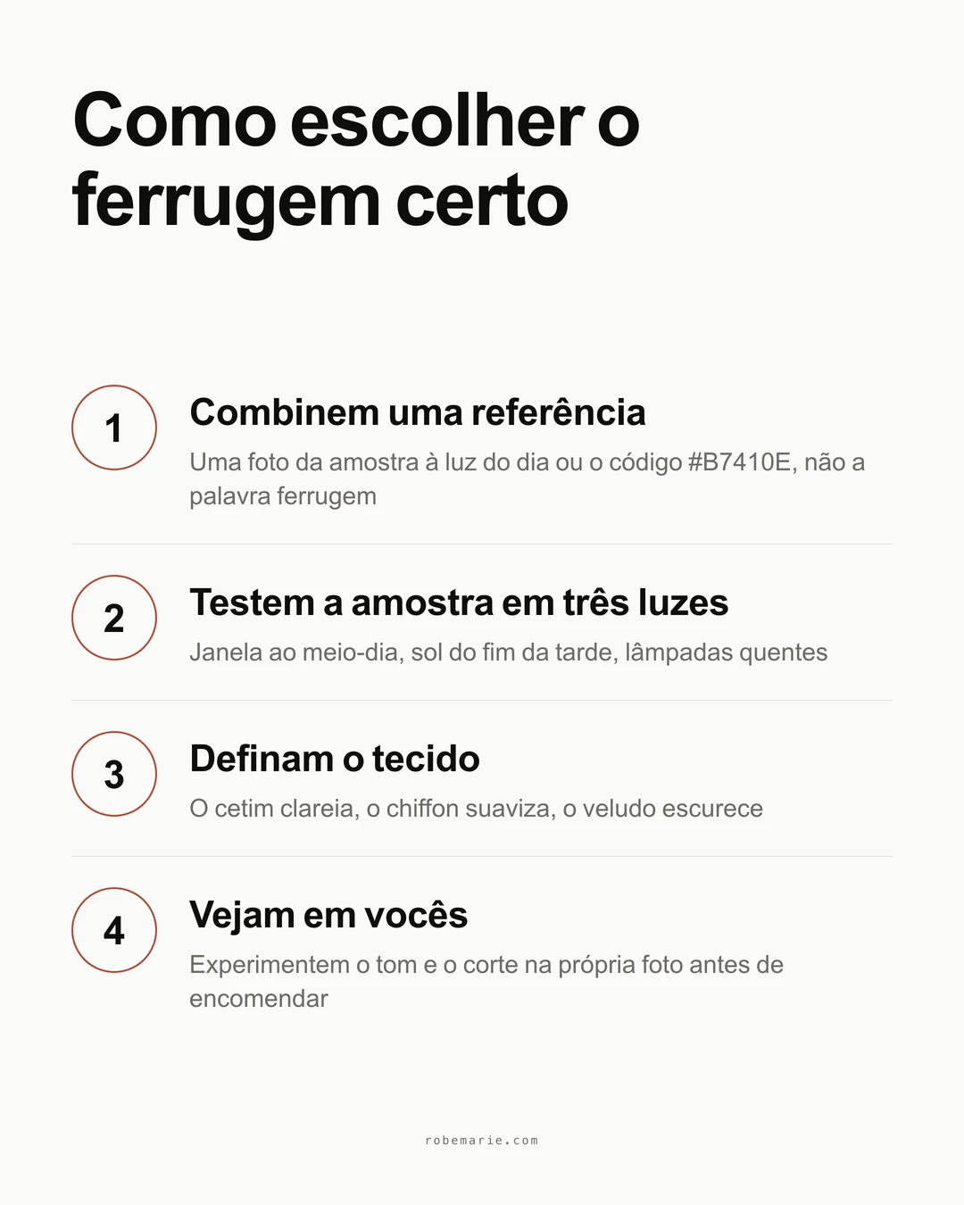 Como escolher o vestido ferrugem certo em quatro passos, da amostra de tecido à prova virtual
