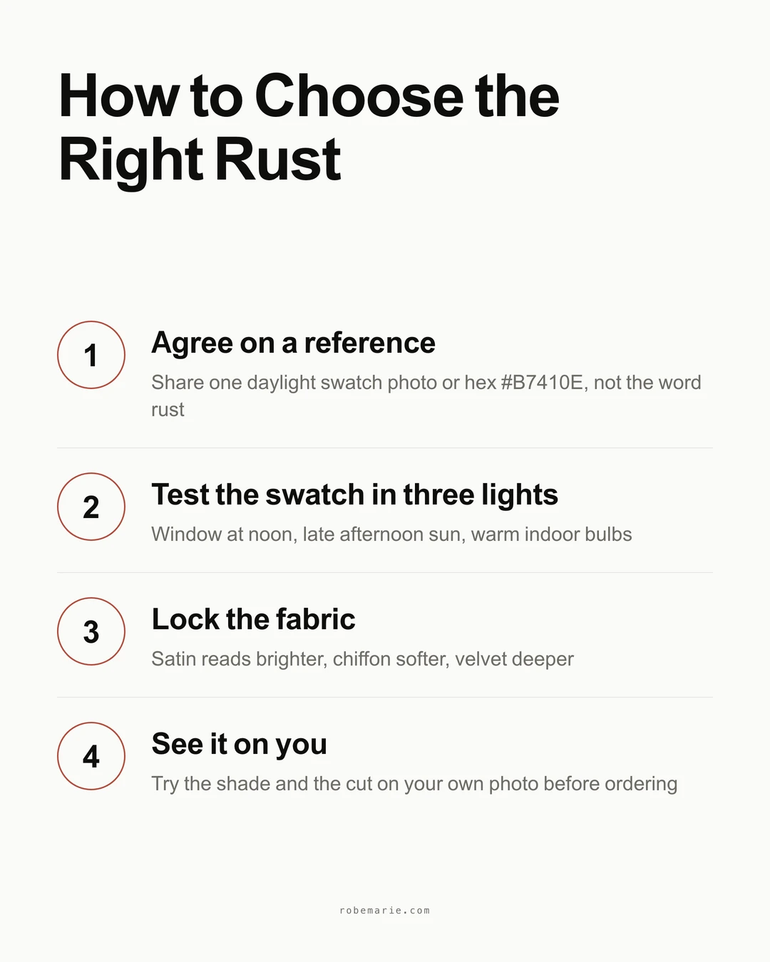 How to choose the right rust dress in four steps, from swatch to virtual try-on