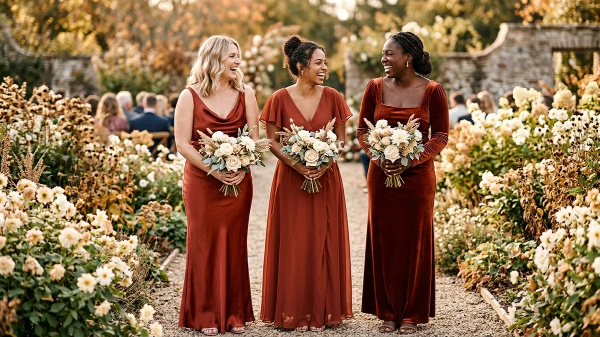 Tres damas de honor de piel clara, morena media y oscura con vestidos color óxido en satén, gasa y terciopelo