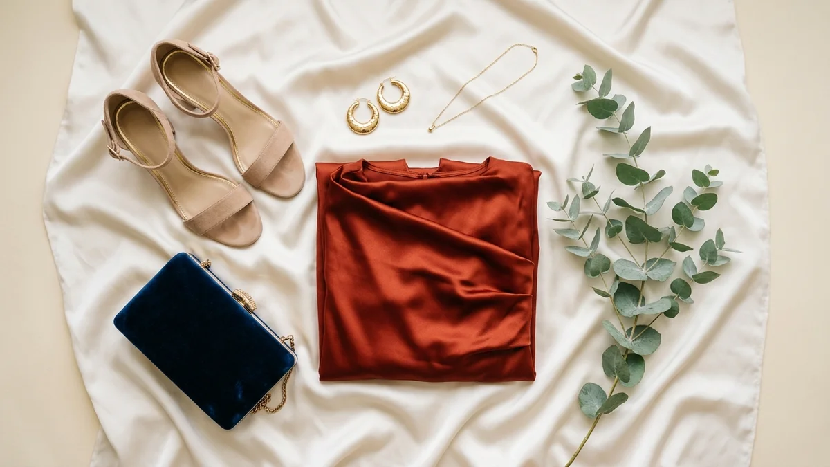 Bodegón con un vestido de satén color óxido, joyas doradas, sandalias nude de tacón ancho y un clutch de terciopelo azul marino sobre seda marfil