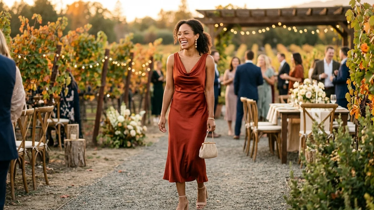 Invitada de boda con un vestido midi de satén color óxido intenso y pendientes dorados, riendo en un viñedo a la hora dorada