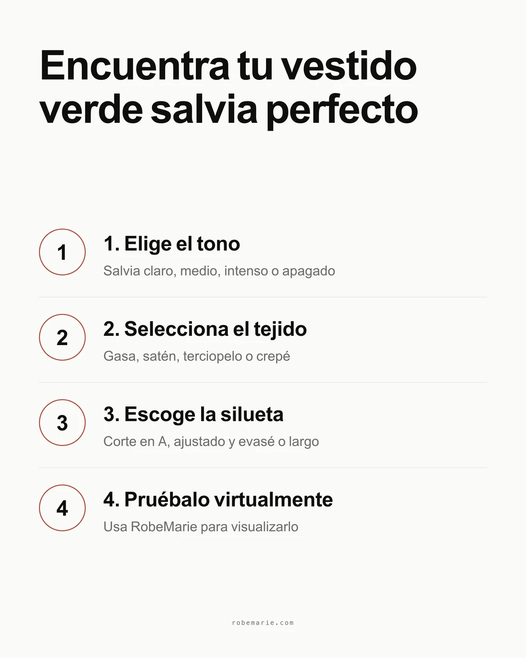Infografía del proceso para encontrar el vestido de dama de honor verde salvia perfecto