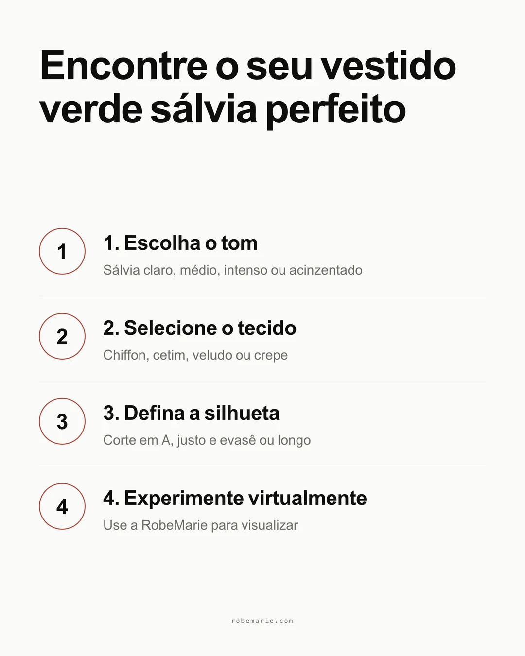Infográfico do processo de como encontrar o vestido de madrinha verde sálvia perfeito