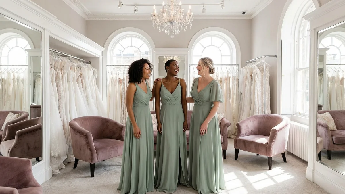 Bridesmaids in beautiful sage green dresses standing in elegant wedding venue