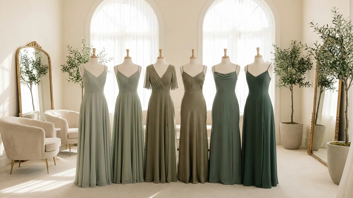 Different shades of sage green bridesmaid dresses displayed together