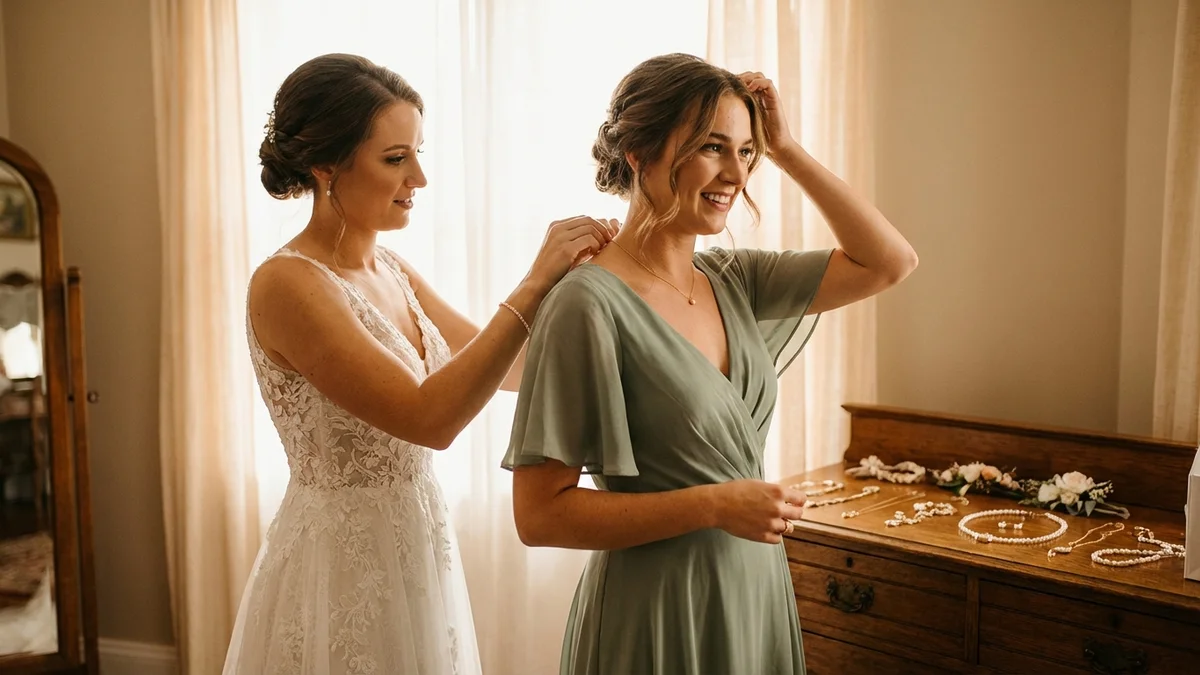 Bride helping bridesmaid with styling and accessories for sage green dress