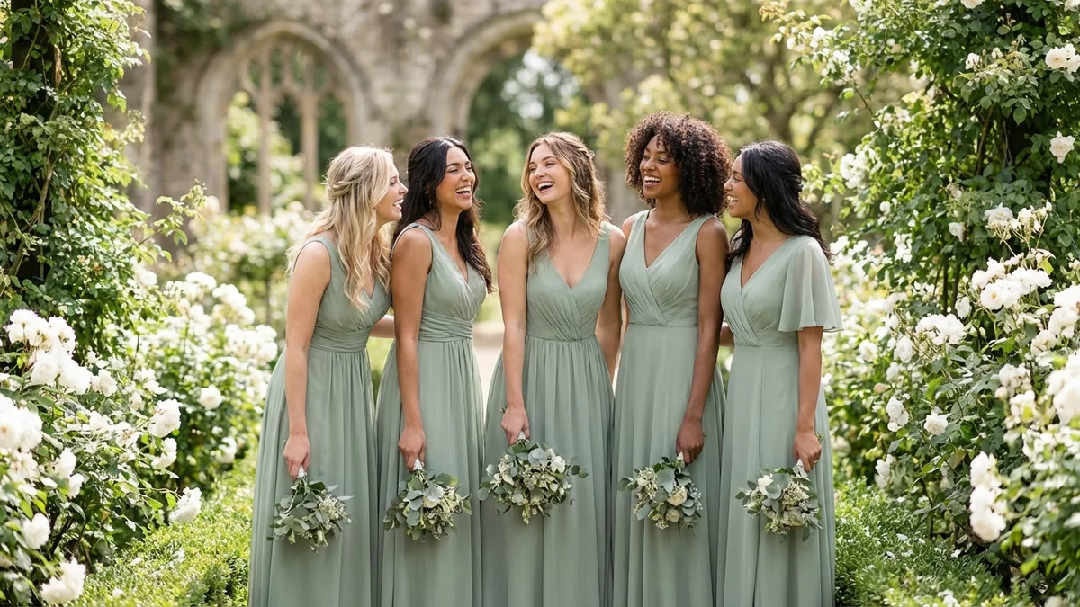 Elegant sage green bridesmaid dresses in a romantic garden wedding setting