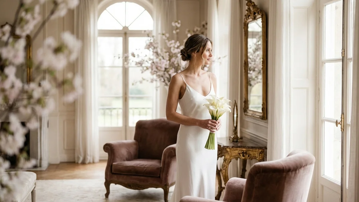 Elegant bride wearing a simple minimalist wedding dress in a sunlit bridal suite