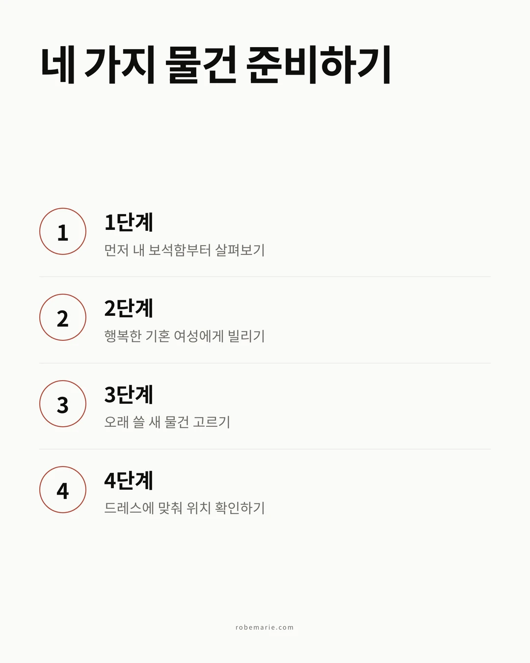 웨딩 아이템을 모으는 네 단계를 보여주는 인포그래픽: 내 보석함부터 살펴보기, 행복하게 결혼한 여성에게 빌리기, 오래 쓸 새것 고르기, 드레스와 함께 위치 확인하기