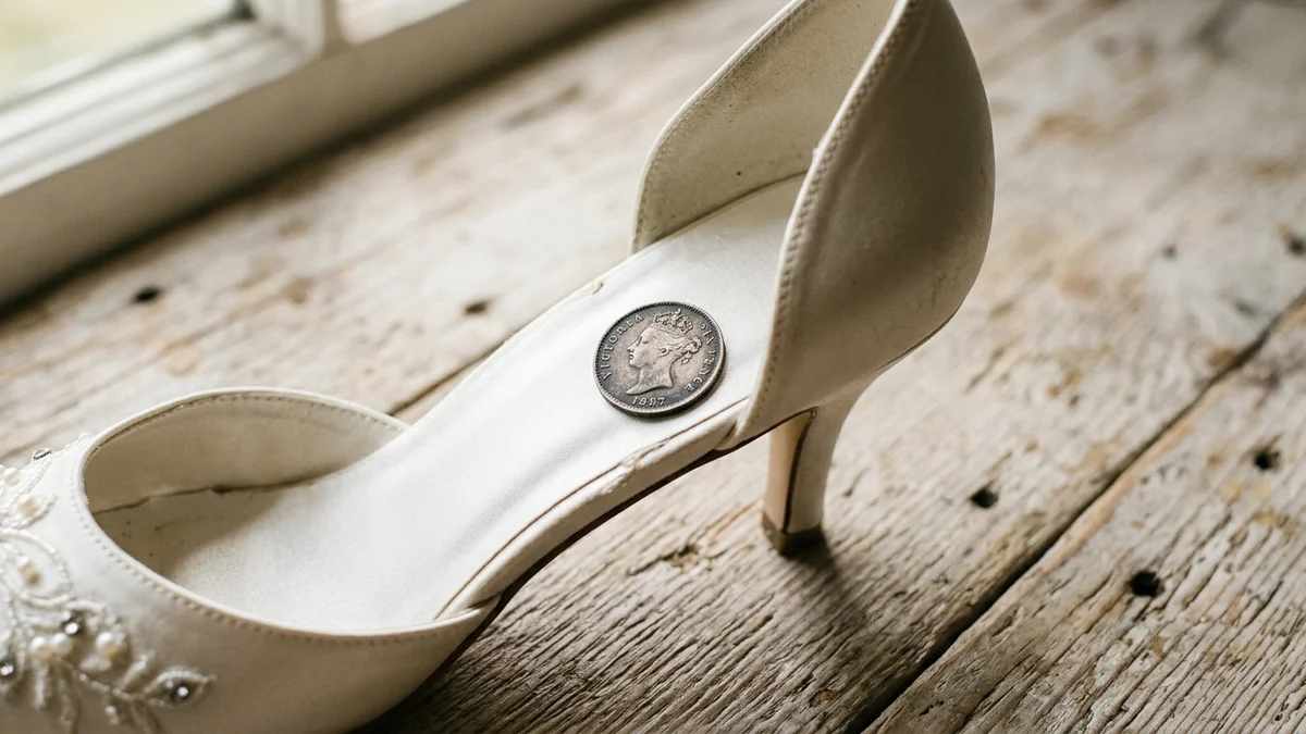 Antique silver sixpence coin resting inside a white bridal shoe on aged wooden floorboards, soft window light