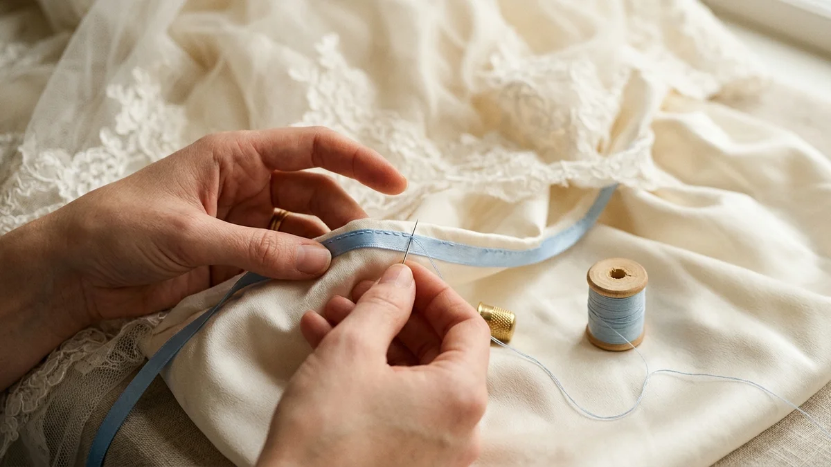 Close-up of pale blue silk ribbon hand-stitched inside the hem of an ivory wedding gown, needle and thread resting nearby