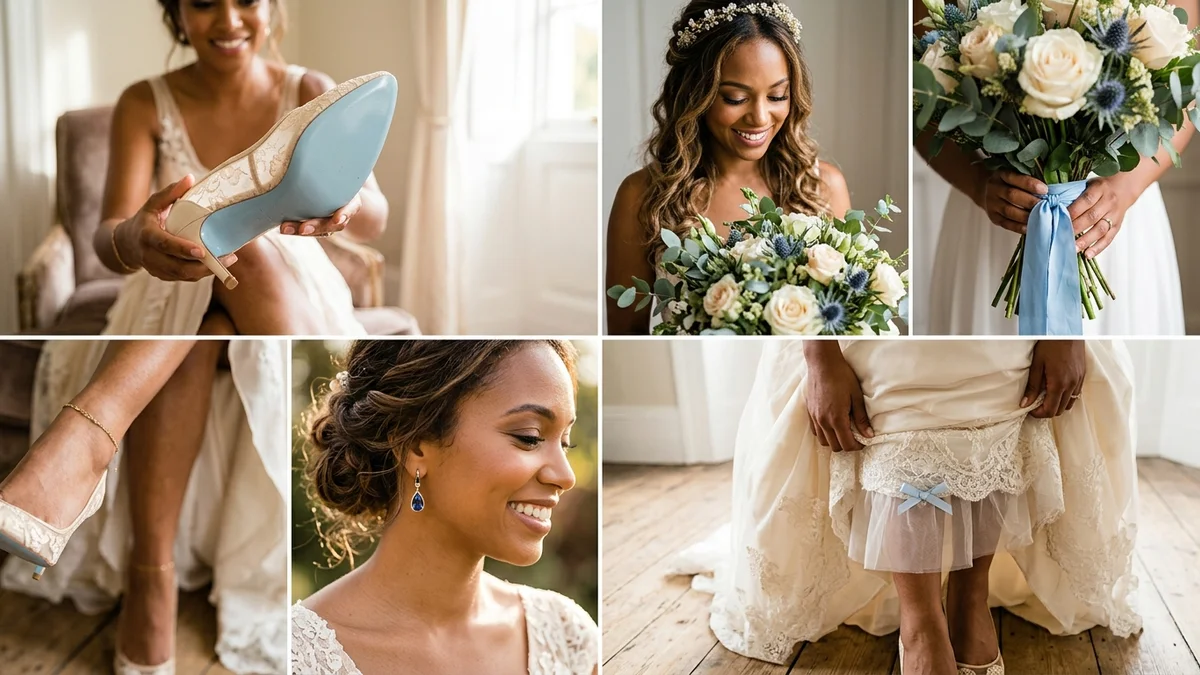 Four brides getting ready, each showing a different placement of their something blue: shoe sole, bouquet ribbon, earrings and hem stitch