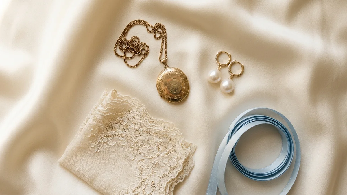 Bride's four keepsakes laid on ivory silk: a grandmother's locket, a new pair of earrings, a borrowed lace handkerchief and a blue ribbon