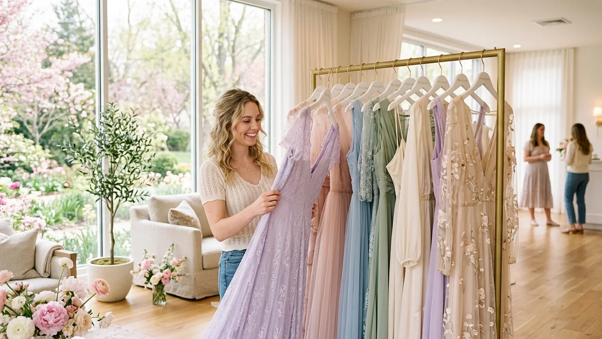 Bride-to-be browsing a curated rack of pastel spring gowns in a bright, airy boutique with floor-to-ceiling windows