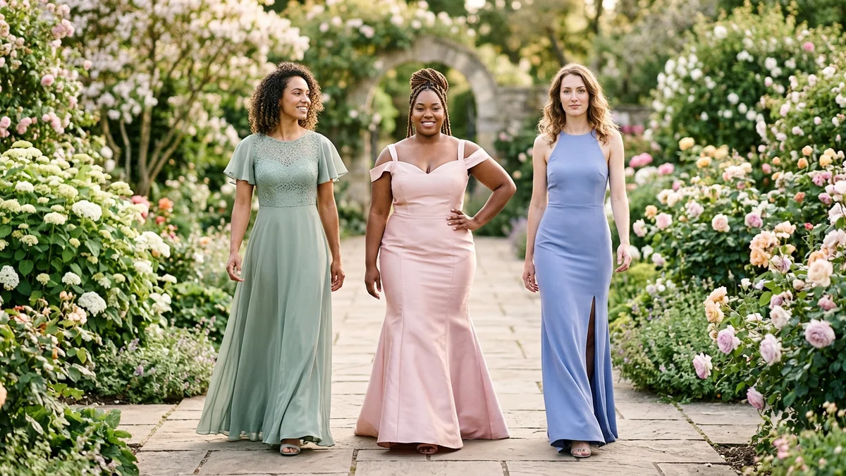 Three women with different body types each radiating confidence in perfectly fitted spring gowns — an A-line in sage, a mermaid in blush, and a column dress in periwinkle
