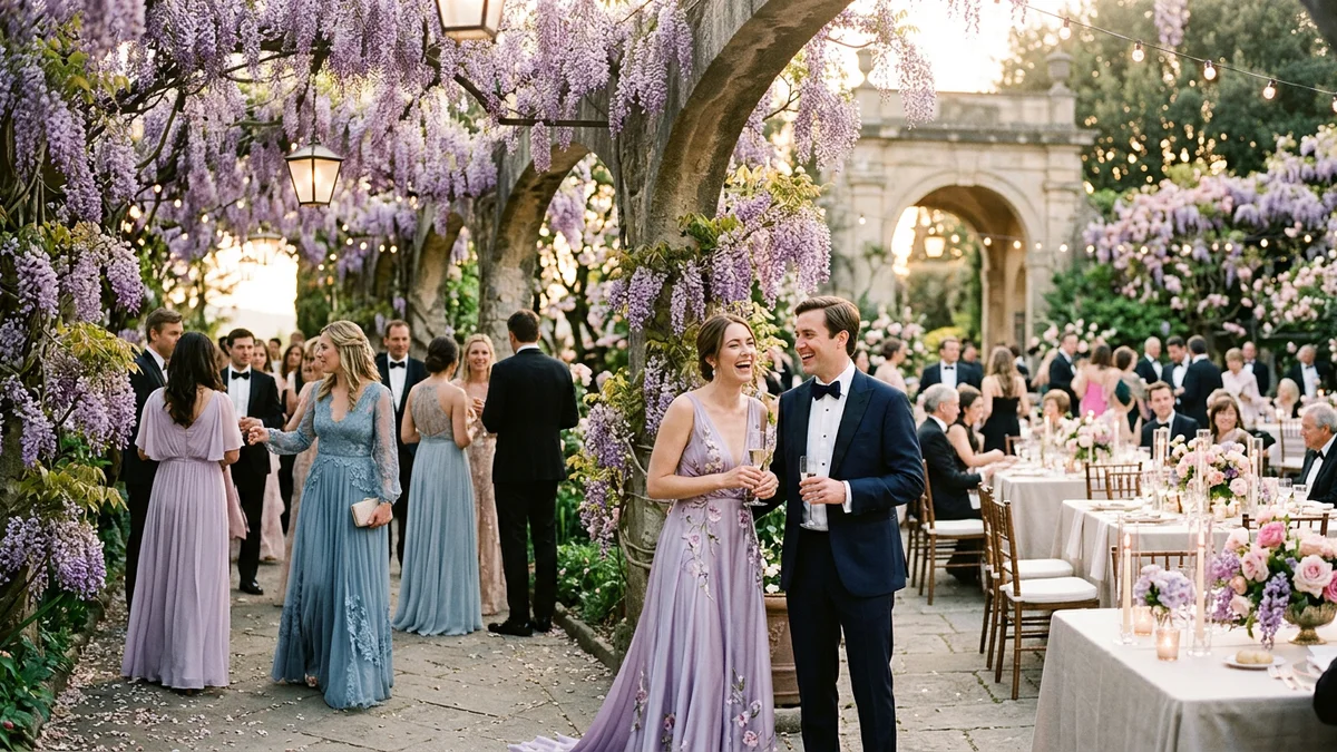 Elegant outdoor spring gala setting with guests in flowing formal gowns, soft golden hour light filtering through wisteria-covered arches