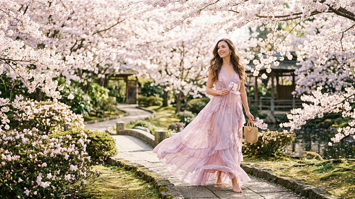 Elegant woman in a flowing pastel chiffon gown walking through a sunlit garden with cherry blossoms in full bloom
