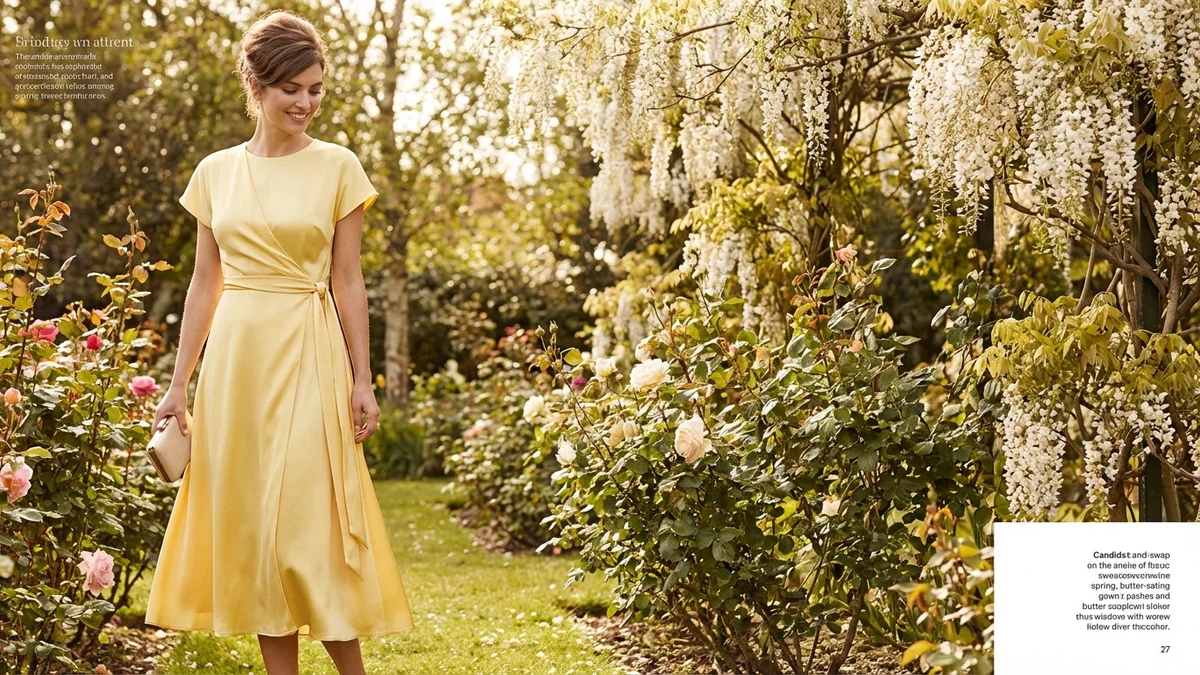 Woman in elegant pastel spring dress at garden wedding venue