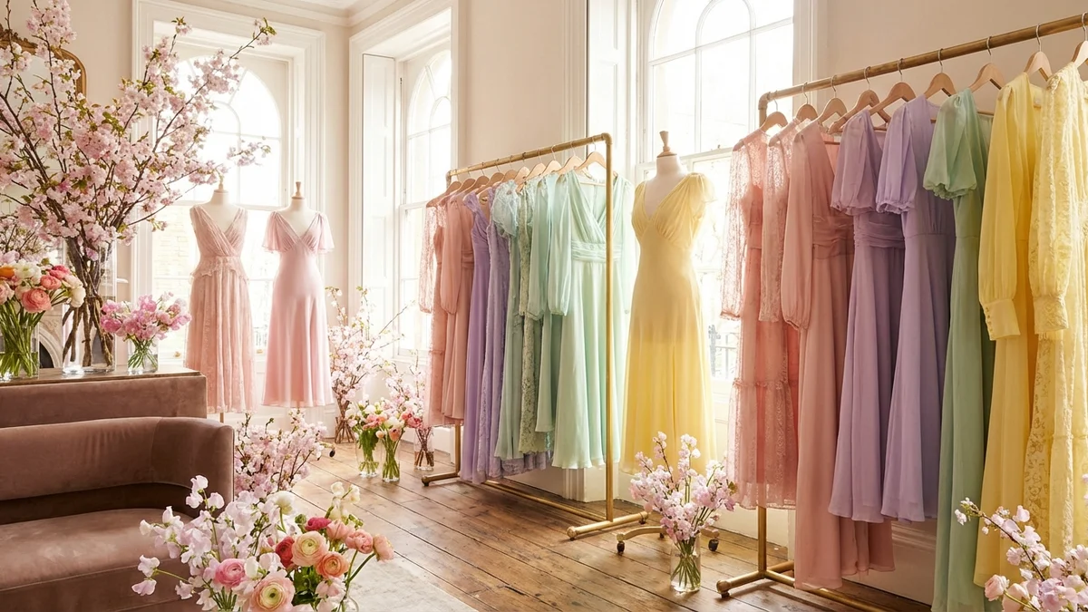Collection of spring wedding guest dresses in trending colors