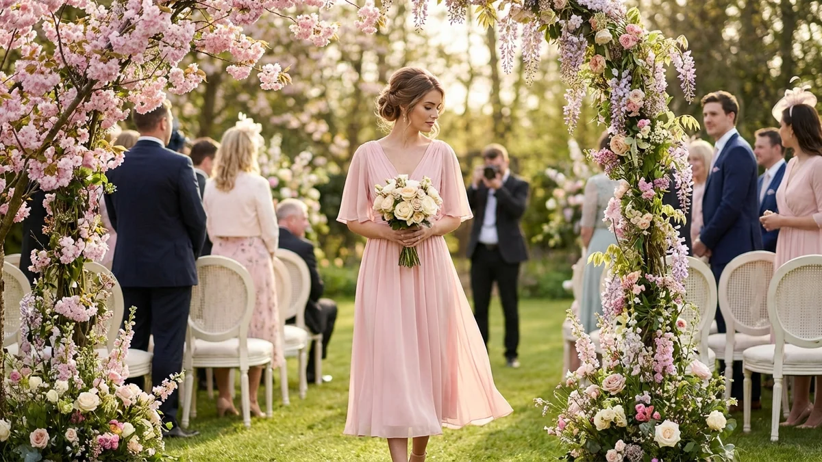 Elegant spring wedding guest dresses in soft pastel colors displayed in a sunny boutique