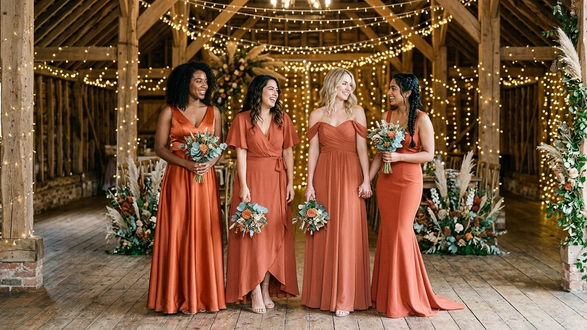 Three bridesmaids in terracotta dresses showing chiffon, satin, and velvet fabric options