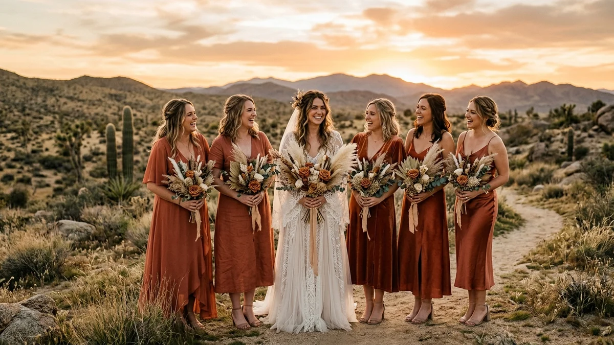 Terracotta bridesmaids holding bouquets of dried flowers and pampas grass with roses
