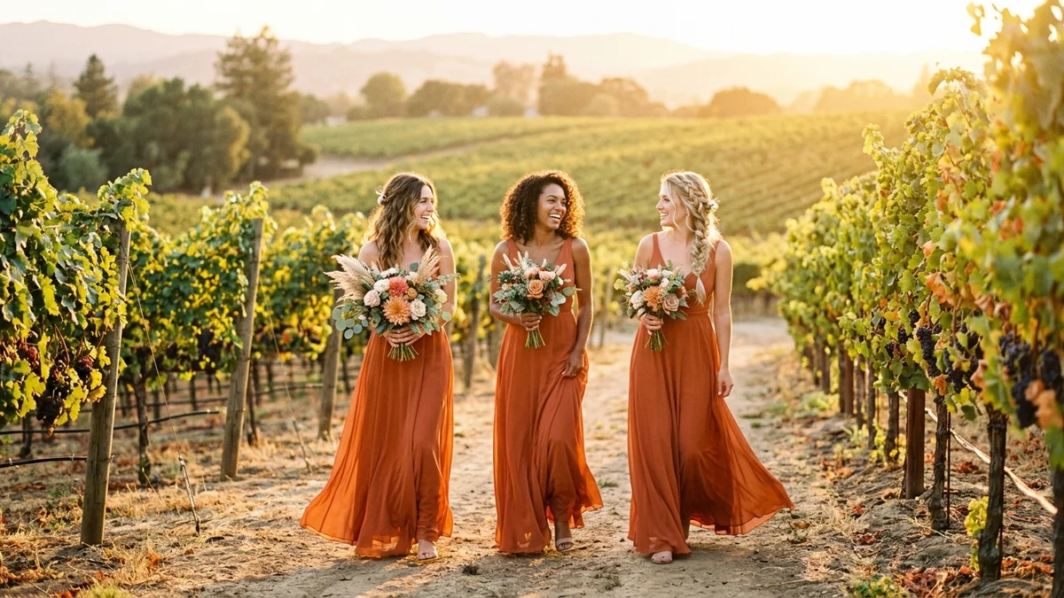 Bridesmaids in flowing terracotta chiffon dresses walking through sun-drenched vineyard at golden hour
