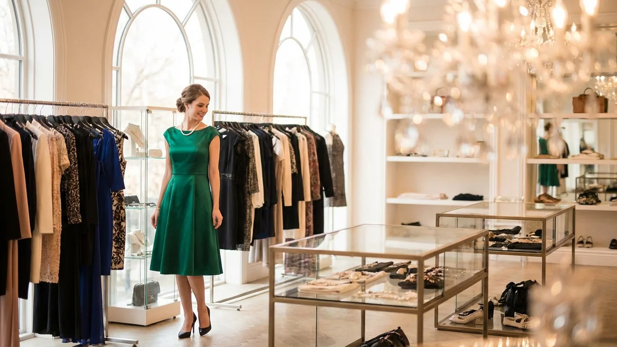 Elegant cocktail dresses for wedding guests in a luxury boutique setting