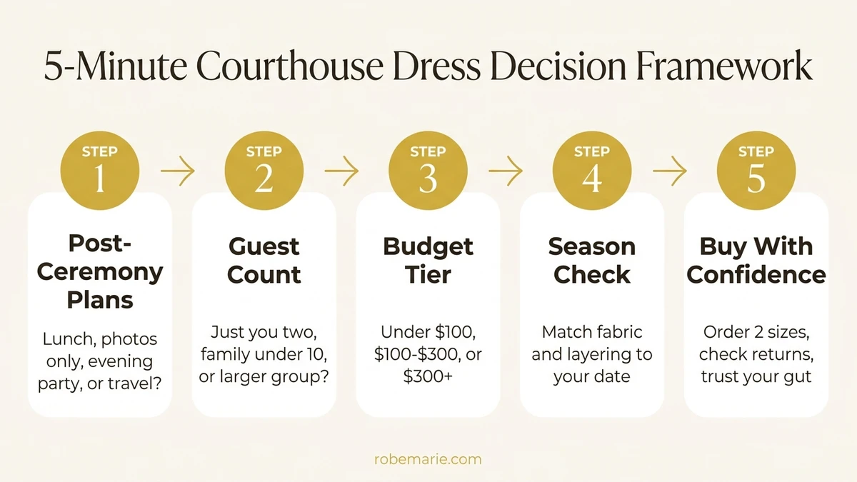 Step-by-step visual framework showing how to choose your perfect wedding courthouse dress in five decision points